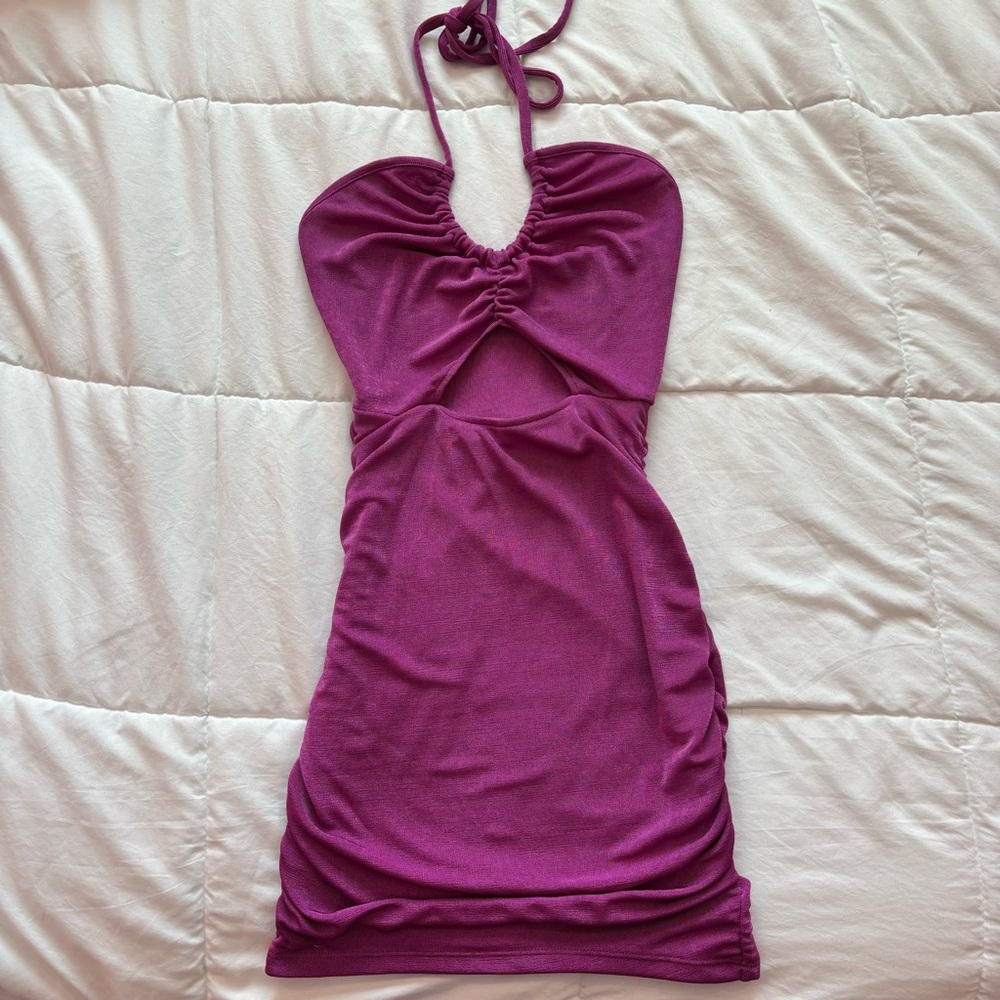 Purple Ruched Cutout Dress